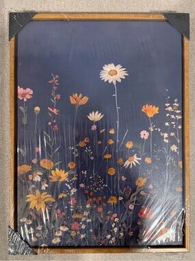 Floral Meadow Wall Art Print in Navy and Yellow - Unbranded